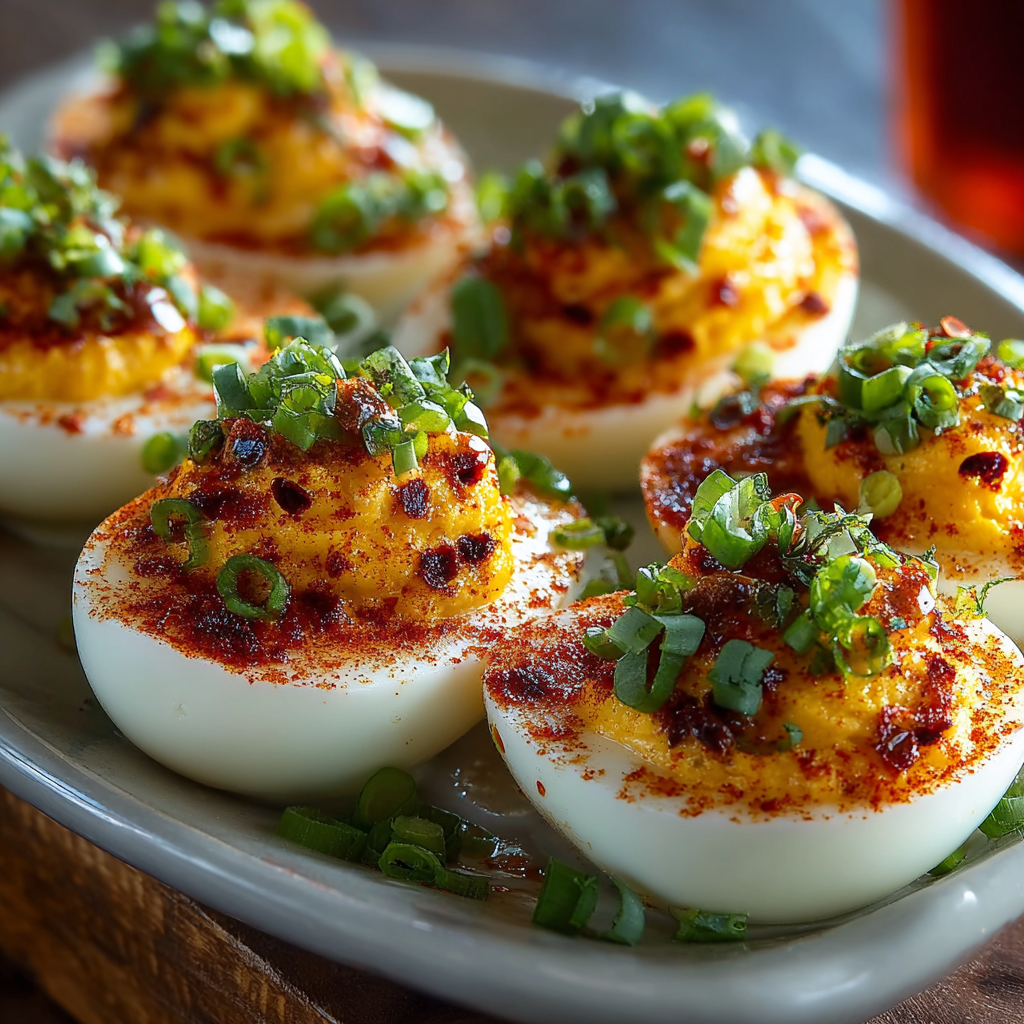 Deviled eggs with chili garlic glaze on a white platter