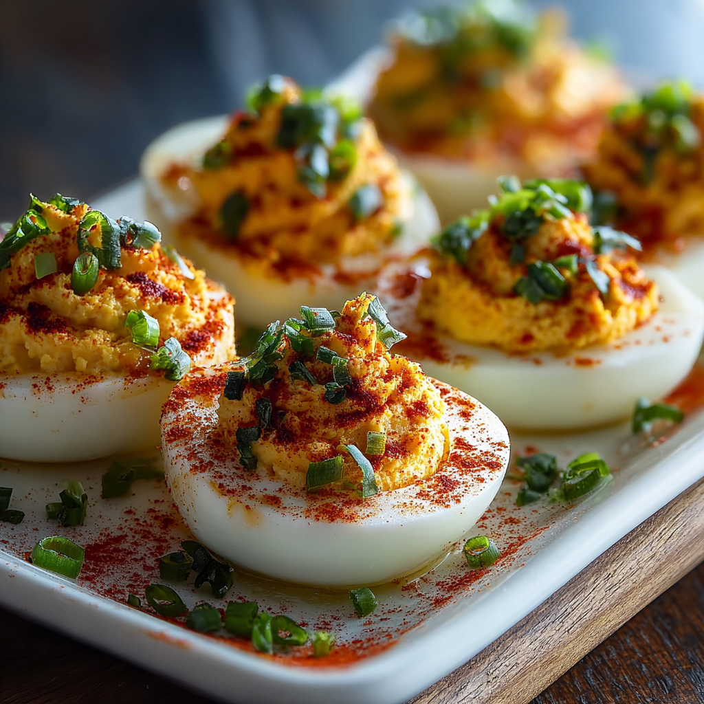 Close up of a filled deviled egg topped with green onion and cilantro