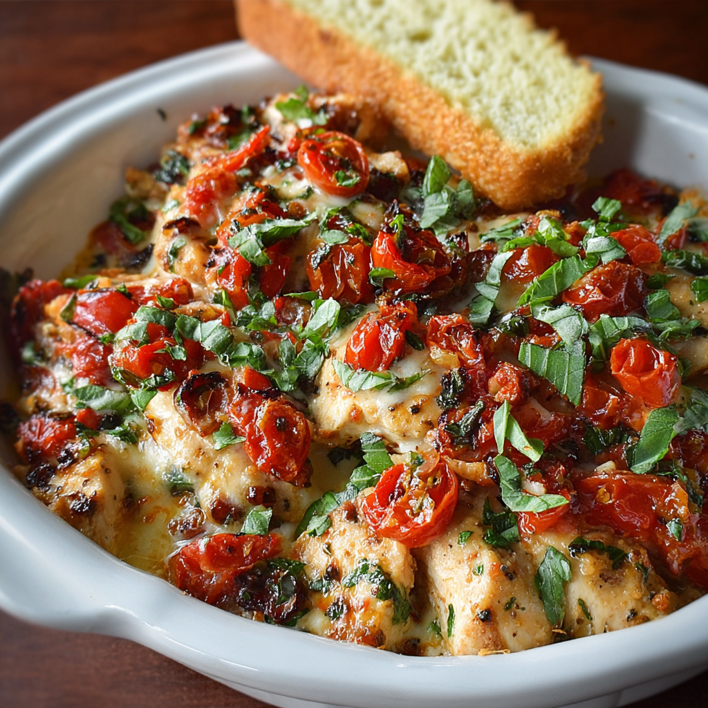 Bruschetta Chicken Casserole close-up