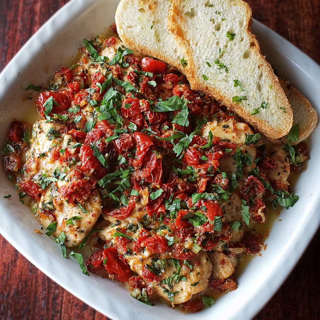Baked casserole with golden baguette topping