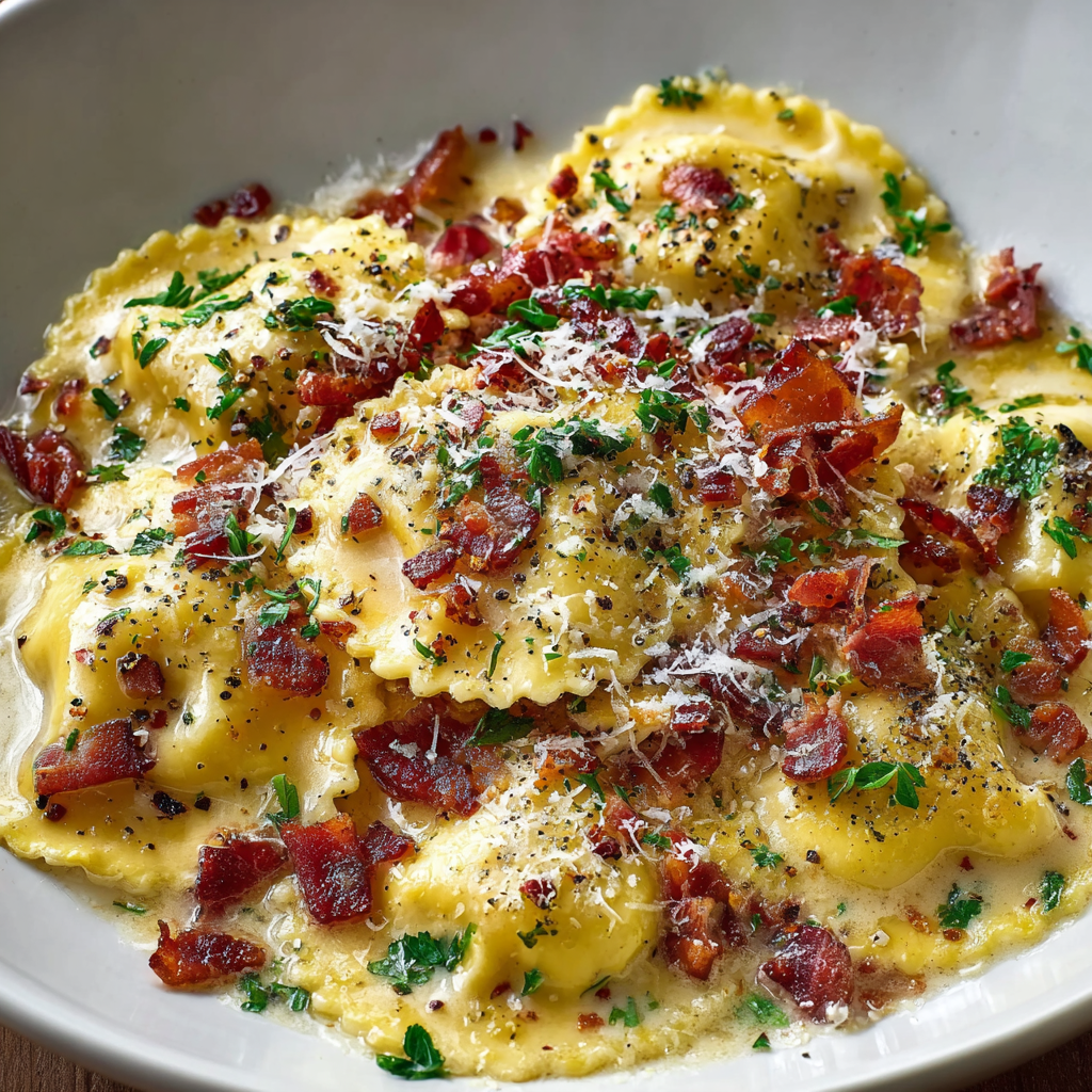 Cheese ravioli simmering in creamy carbonara sauce