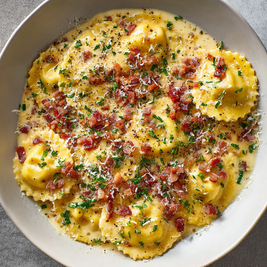 Plated ravioli carbonara topped with fresh parsley and Parmesan