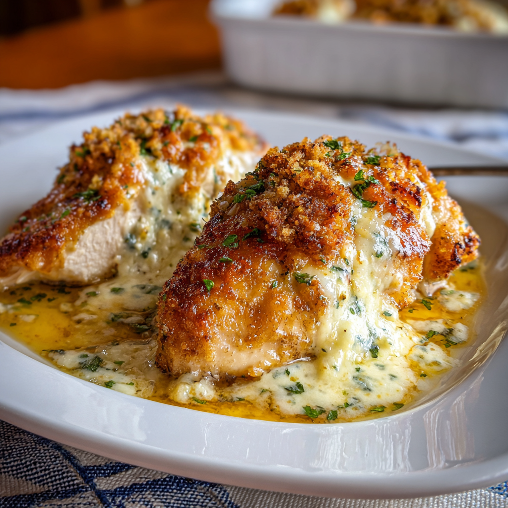 Sliced baked cream cheese chicken plated with parsley
