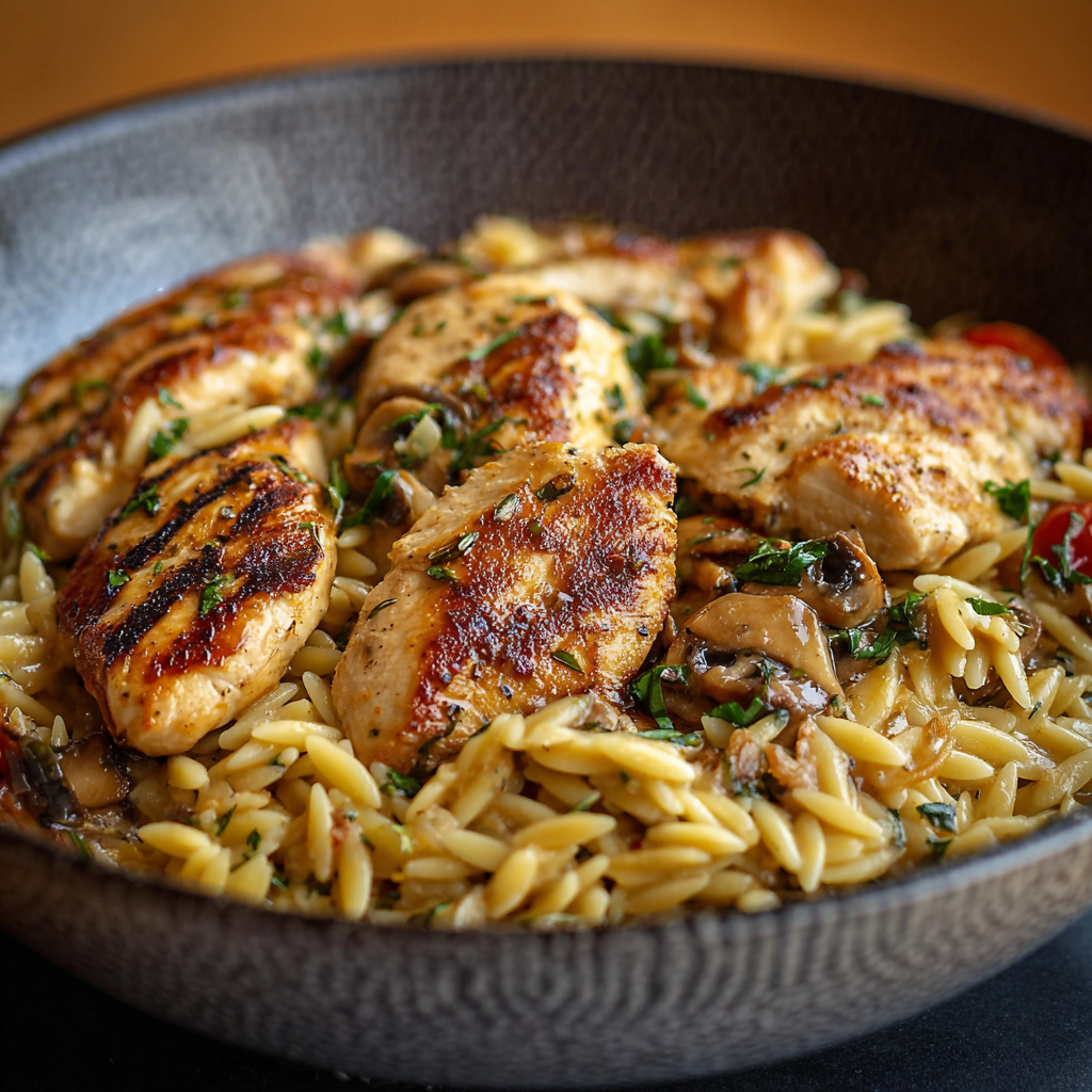Creamy Marsala chicken with orzo plated and garnished