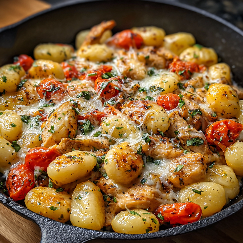 Pan of garlic chicken gnocchi with spinach