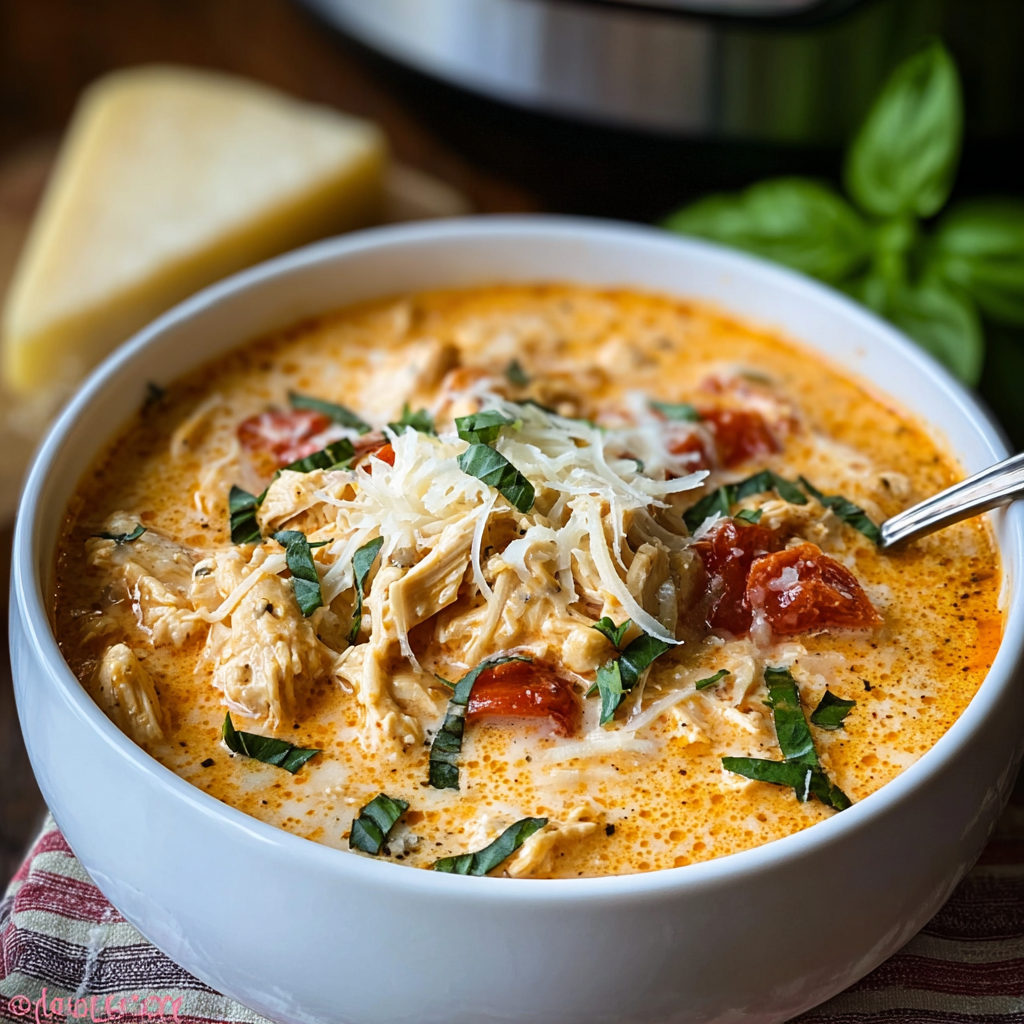 Slow cooker bowl of chicken parmesan soup