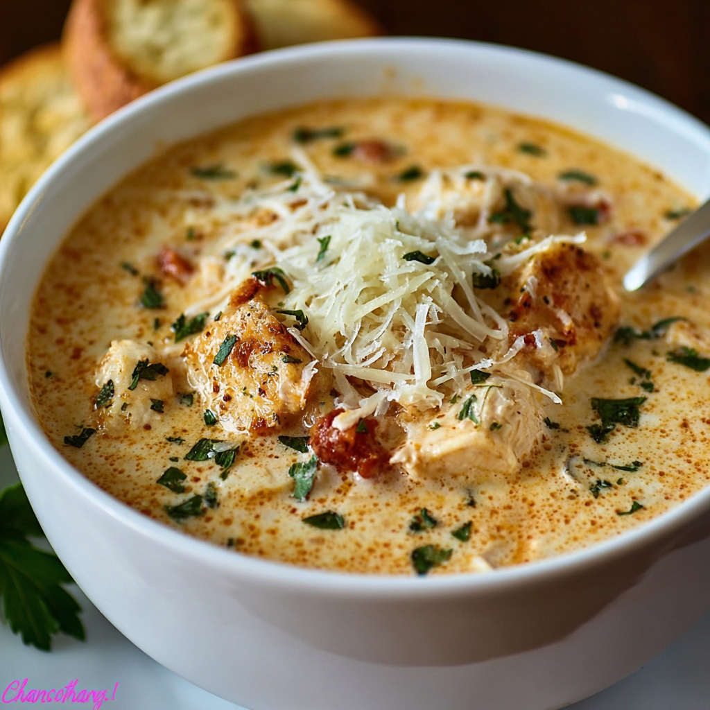 Close-up of spoonful of chicken parmesan soup