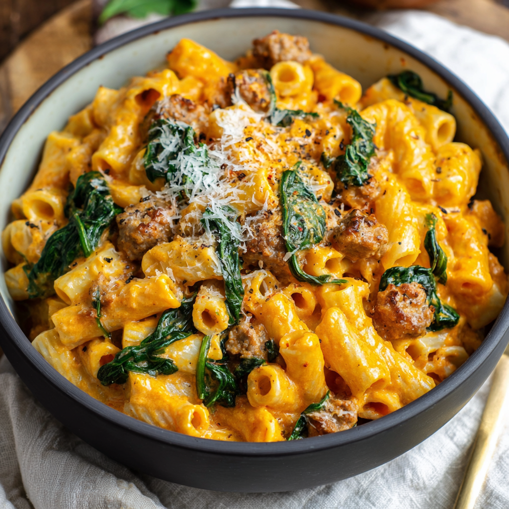 Sauté pan with butternut squash, sausage, and greens
