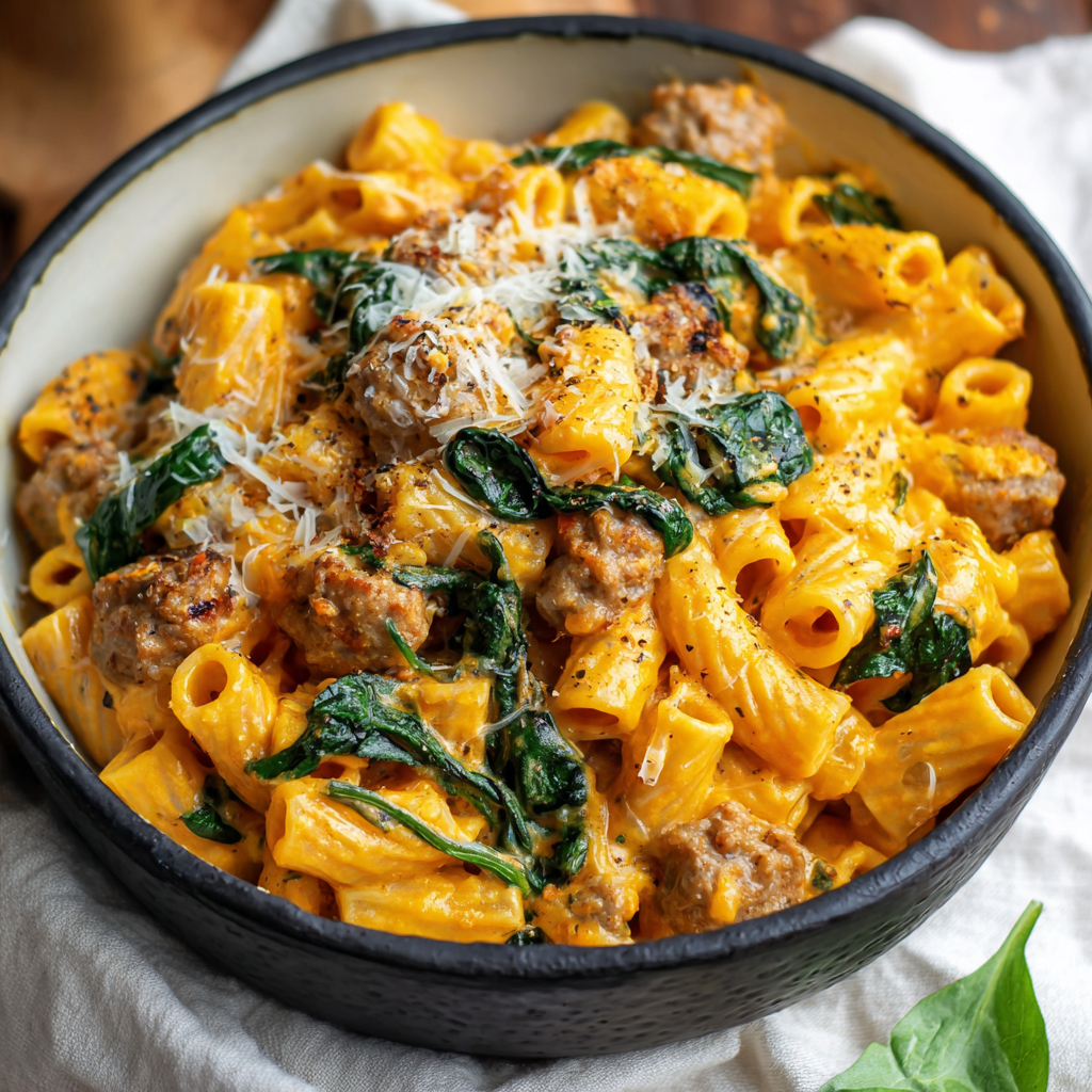 Plated rigatoni with squash, sausage, and shaved parmesan