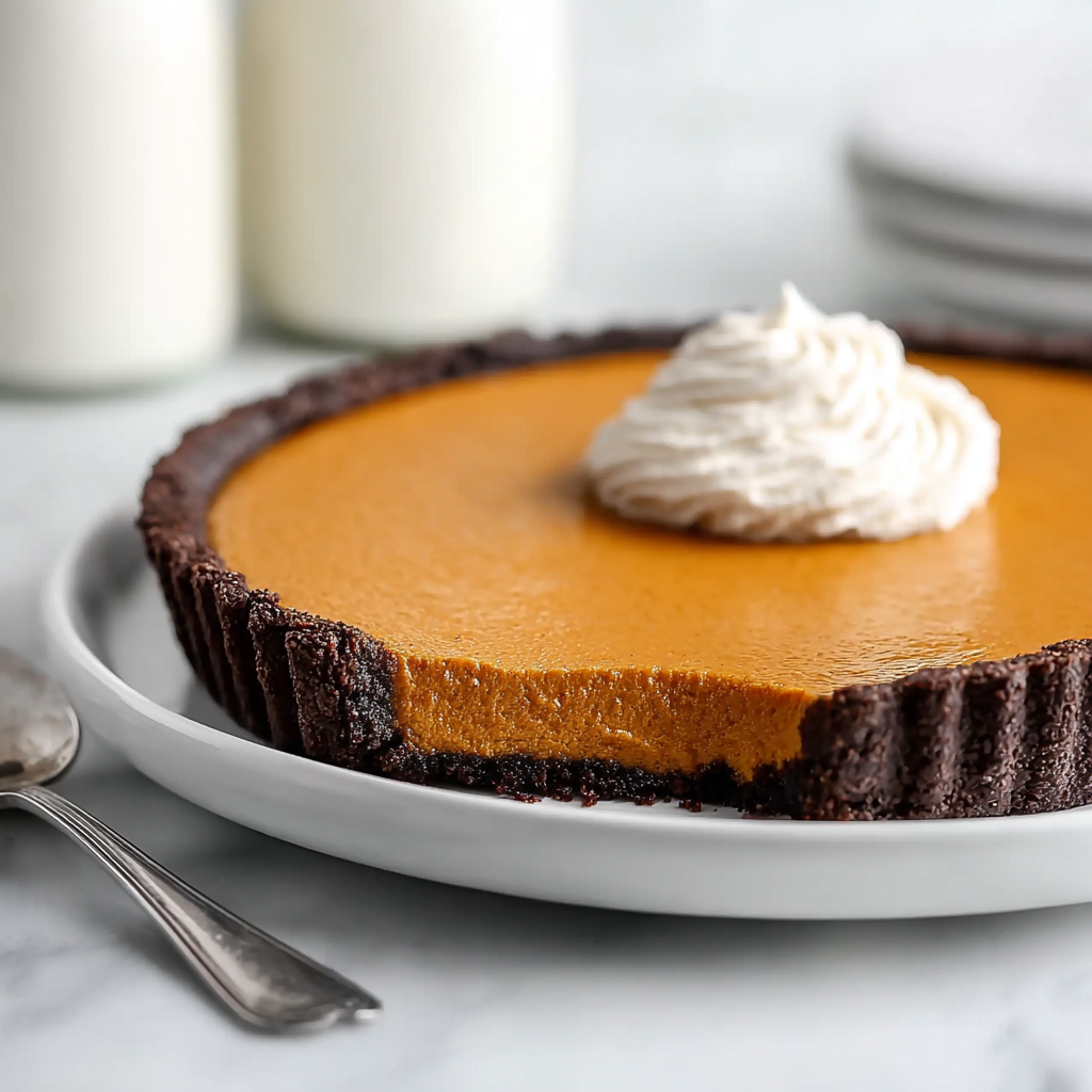 Dark chocolate pumpkin tart fresh out of the oven