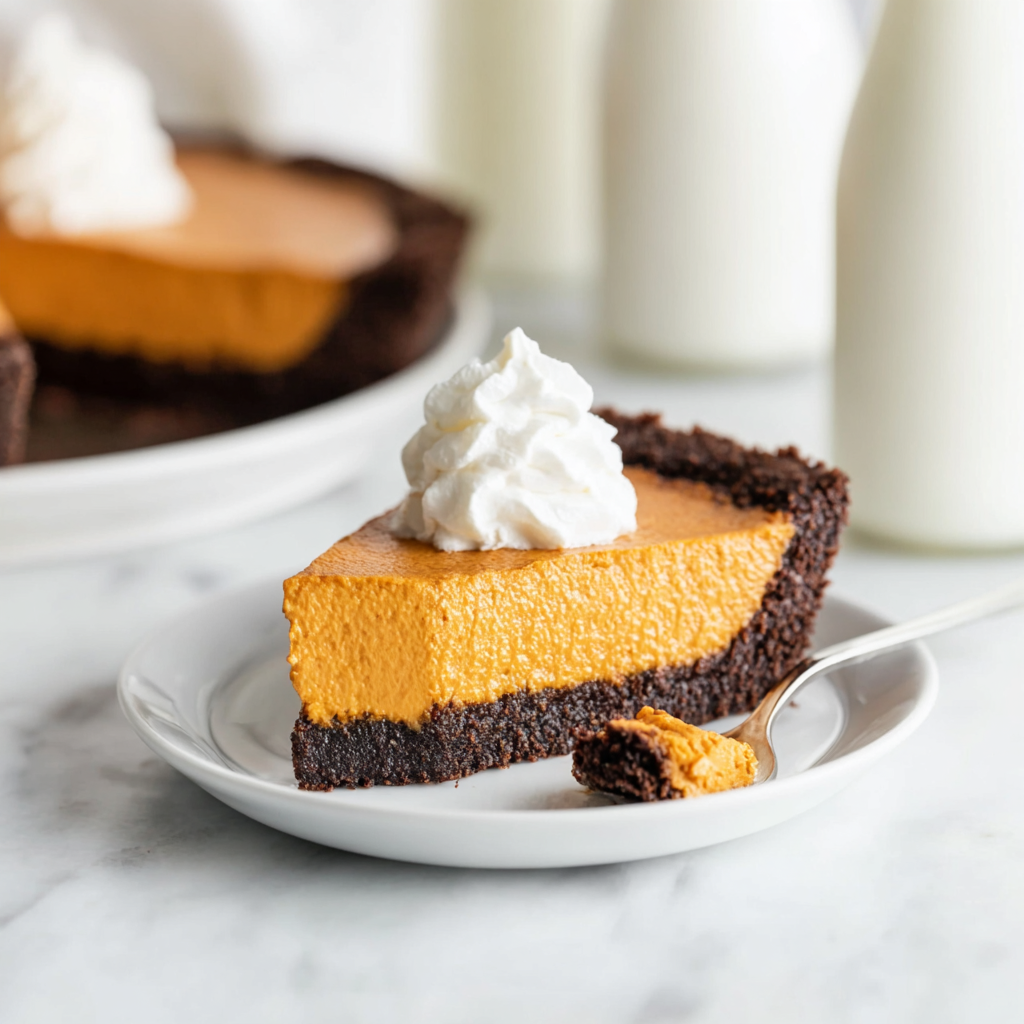 Slice of pumpkin tart with whipped cream