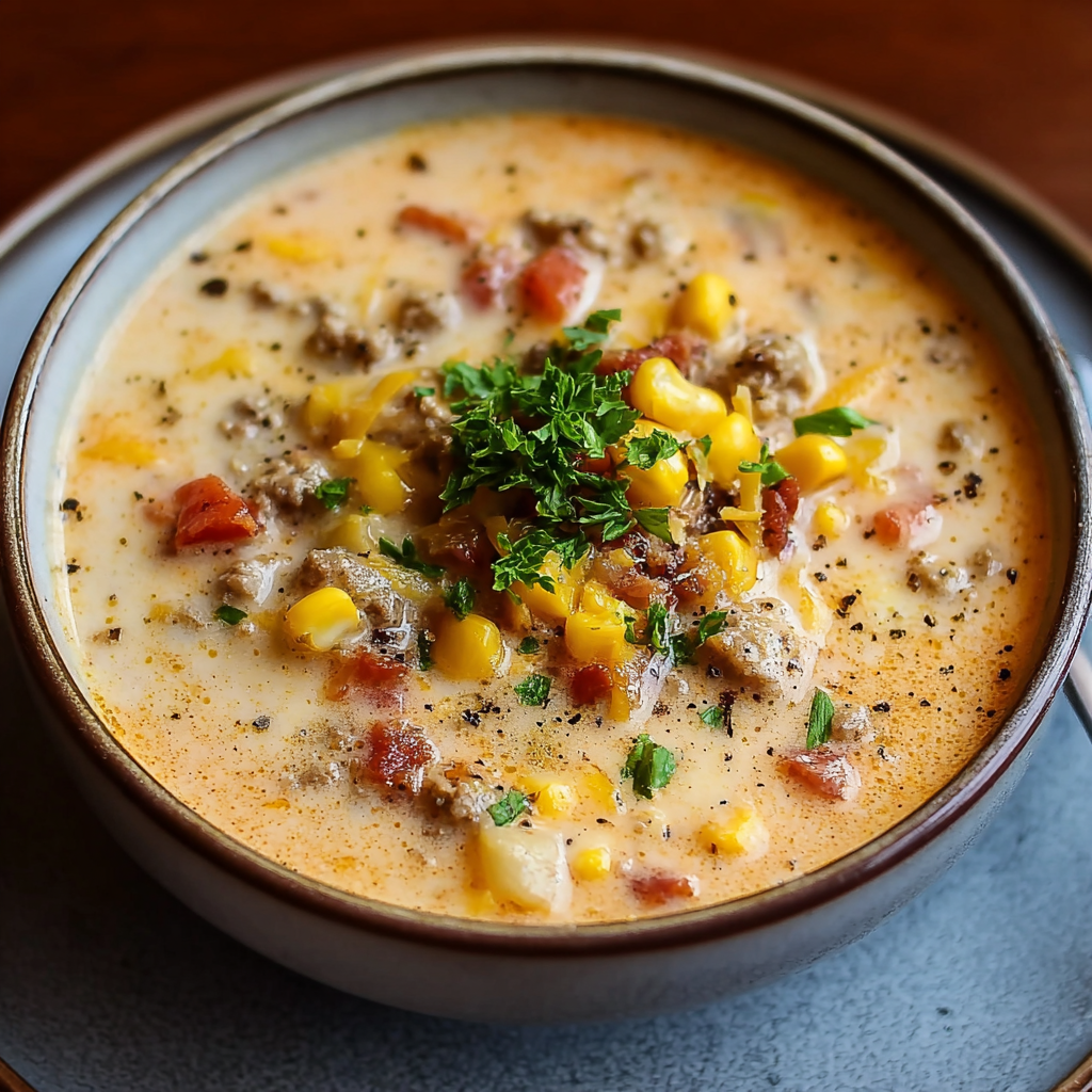 Close-up of cheesy cowboy soup topped with tortilla chips