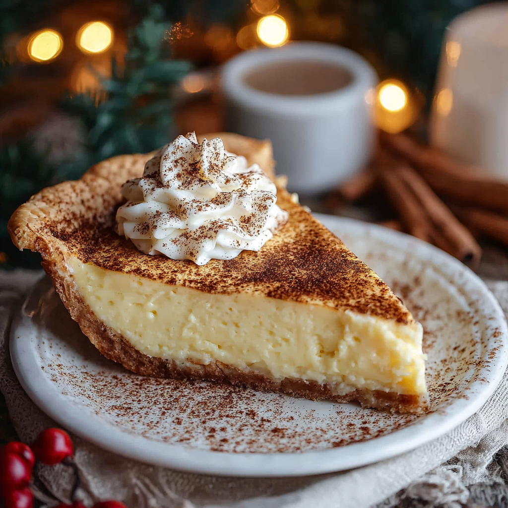 Finished cinnamon-vanilla custard pie on a wooden table