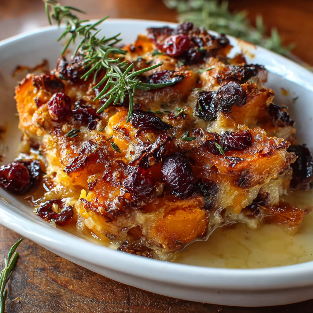 Sweet Potato & Cranberry Gratin in baking dish