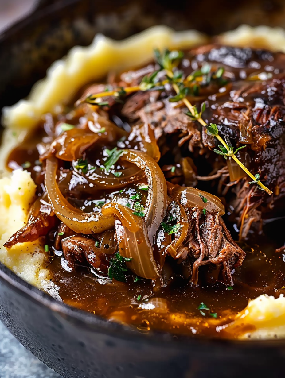 Sliced pot roast with caramelized onions