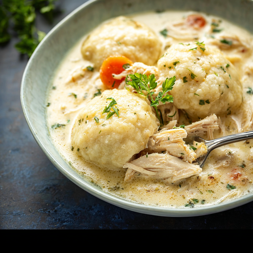 Close-up of chicken and dumplings in a bowl