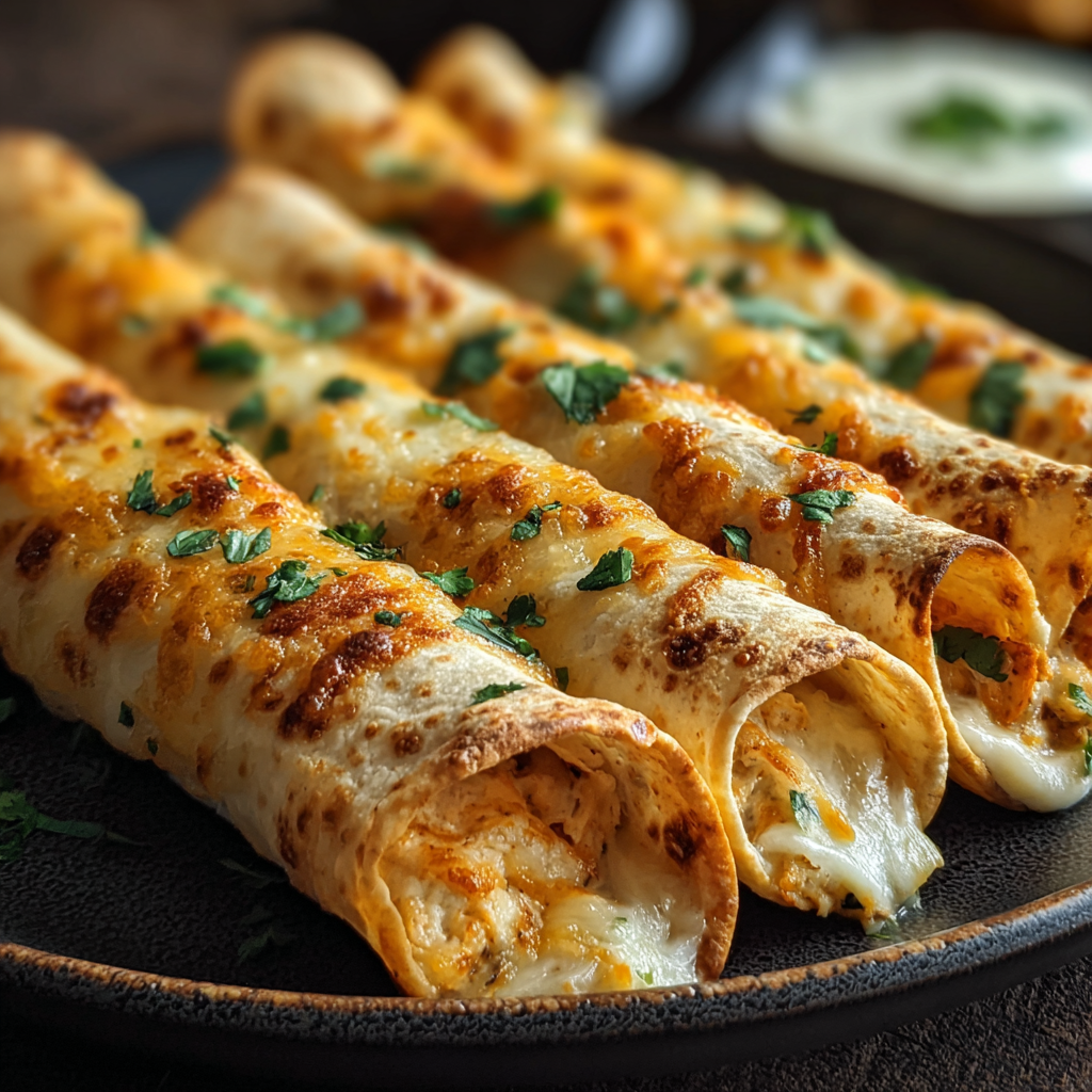 Baked crispy chicken taquitos on a tray with dipping sauces