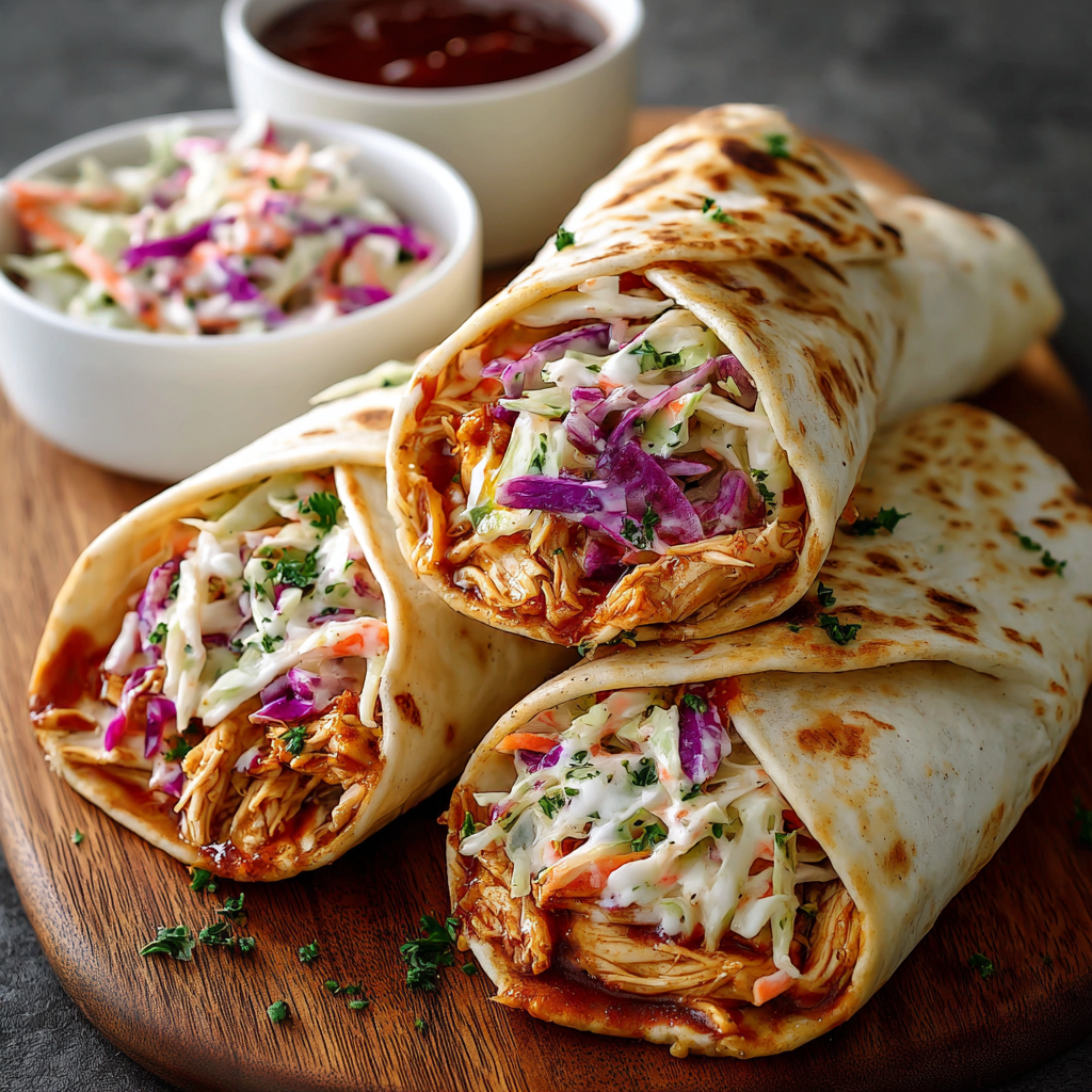 BBQ Chicken Coleslaw Wraps - assembled and sliced on a board