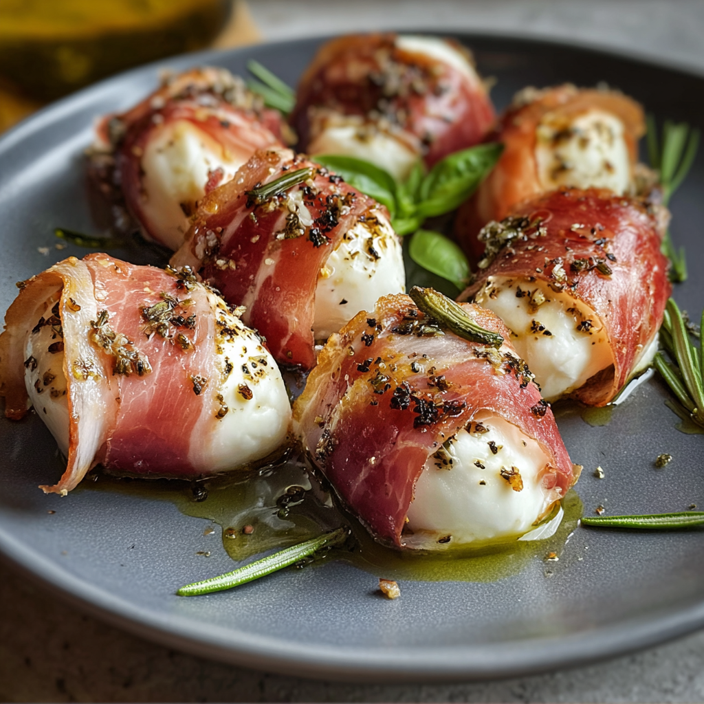 Prosciutto wrapped mozzarella bites on a baking sheet