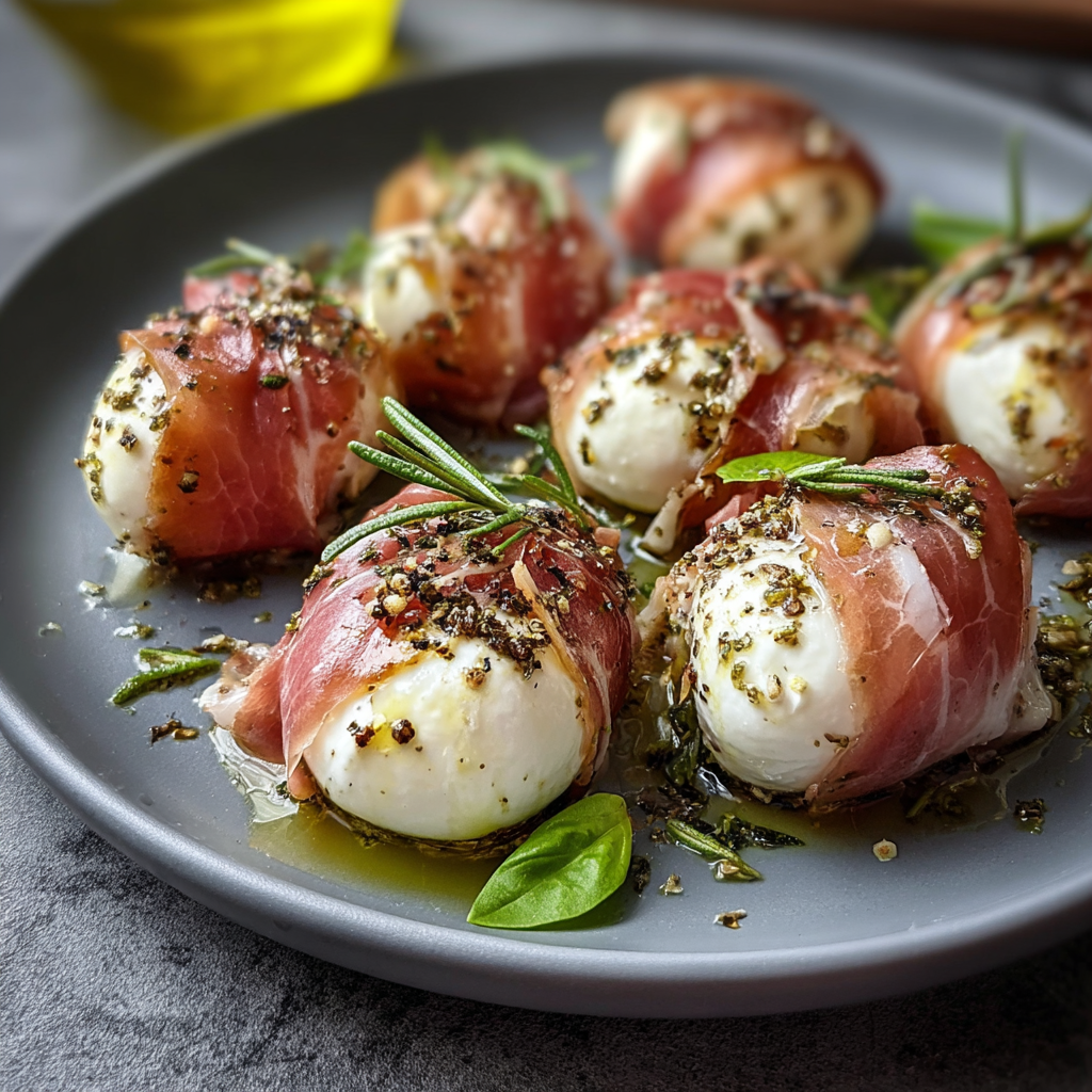 Plated prosciutto wrapped mozzarella with basil garnish