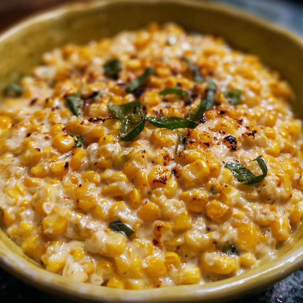 Close-up of smoked corn kernels and diced jalapeño in a skillet