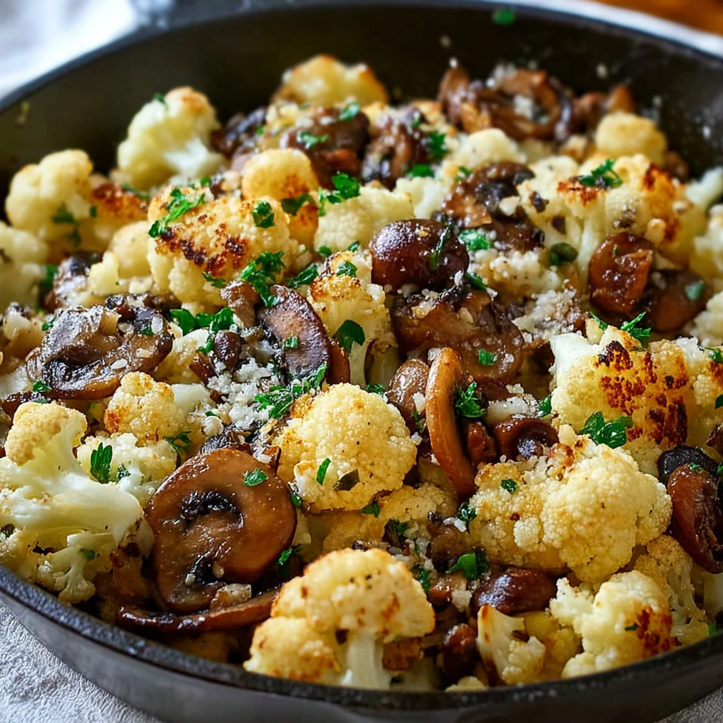 Close up of sautéed cauliflower and mushrooms with parsley