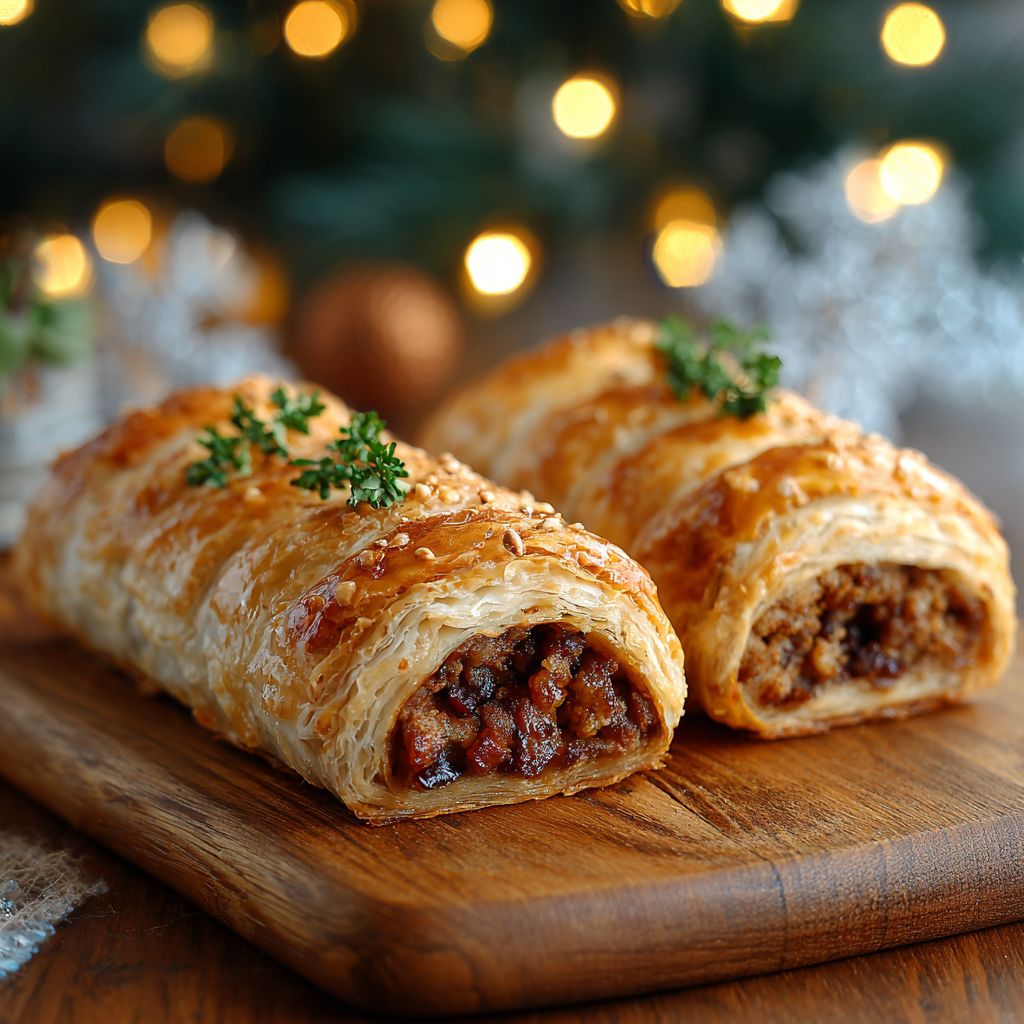 Sausage rolls plated with mustard and herbs
