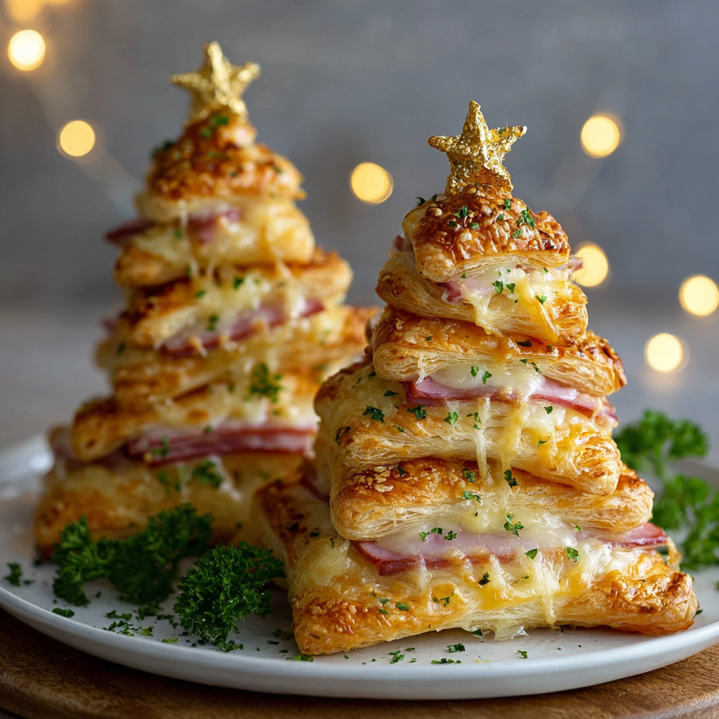 Assembled ham and cheese puff pastry trees on a baking sheet