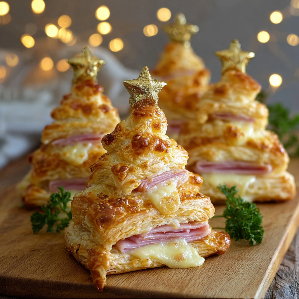 Close-up of baked puff pastry trees with sesame seeds