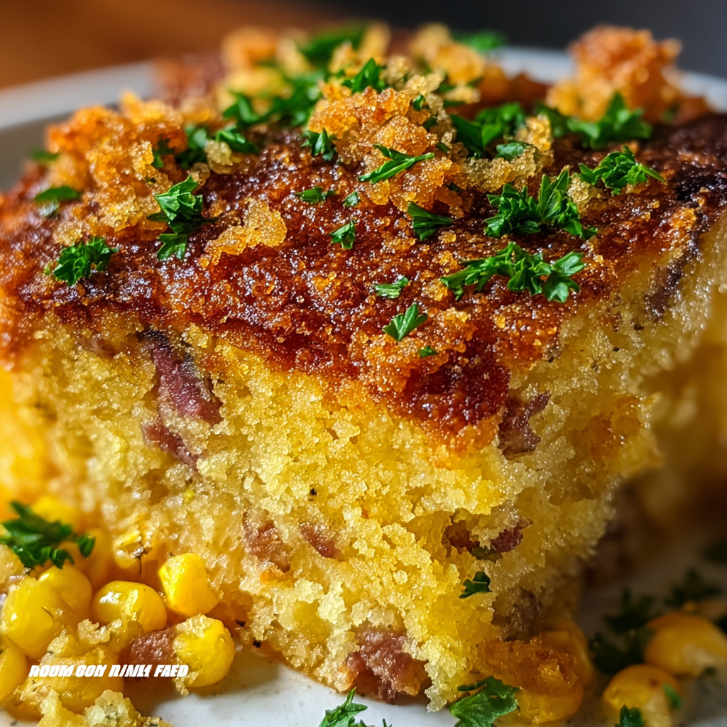 Slice of loaded cornbread casserole plated