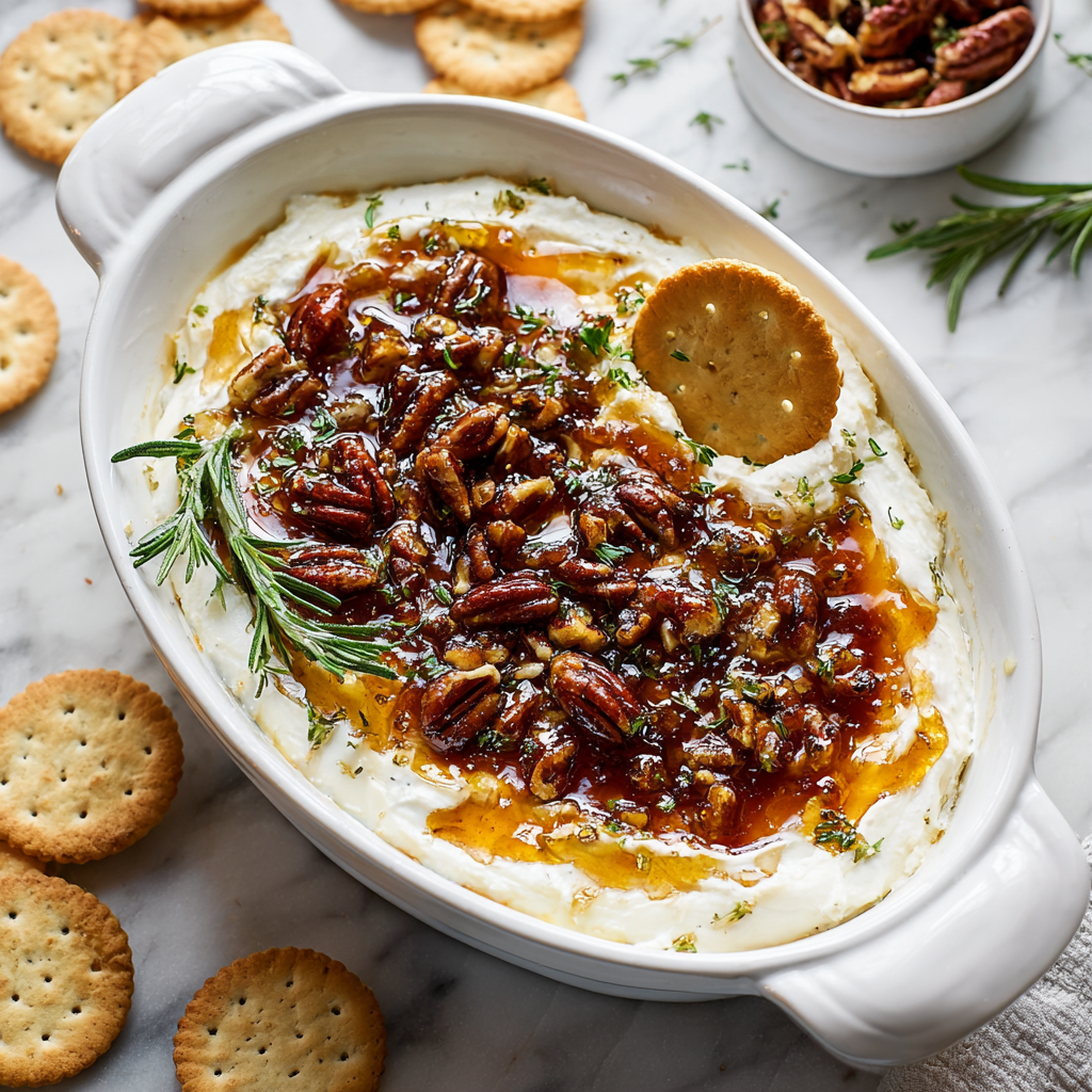 Toasted pecans and fresh herbs on top of warm cheese