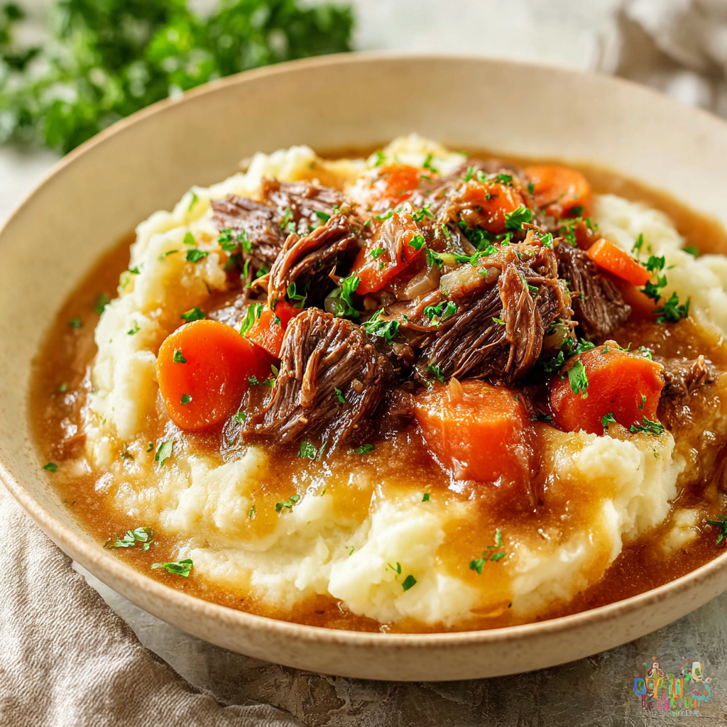 Apple cider beef stew served over mashed potatoes in a rustic bowl