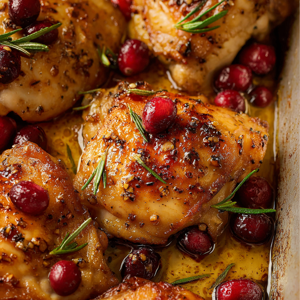 Plated cranberry rosemary chicken with herbs