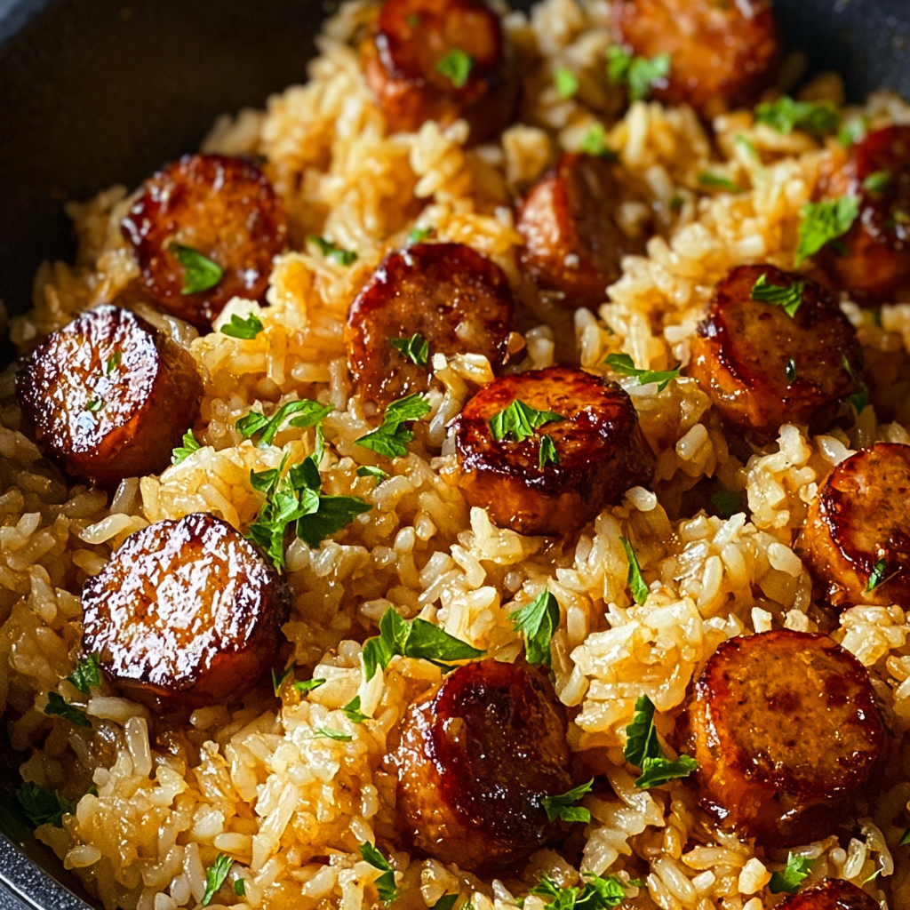 Sausage and rice cooking in skillet