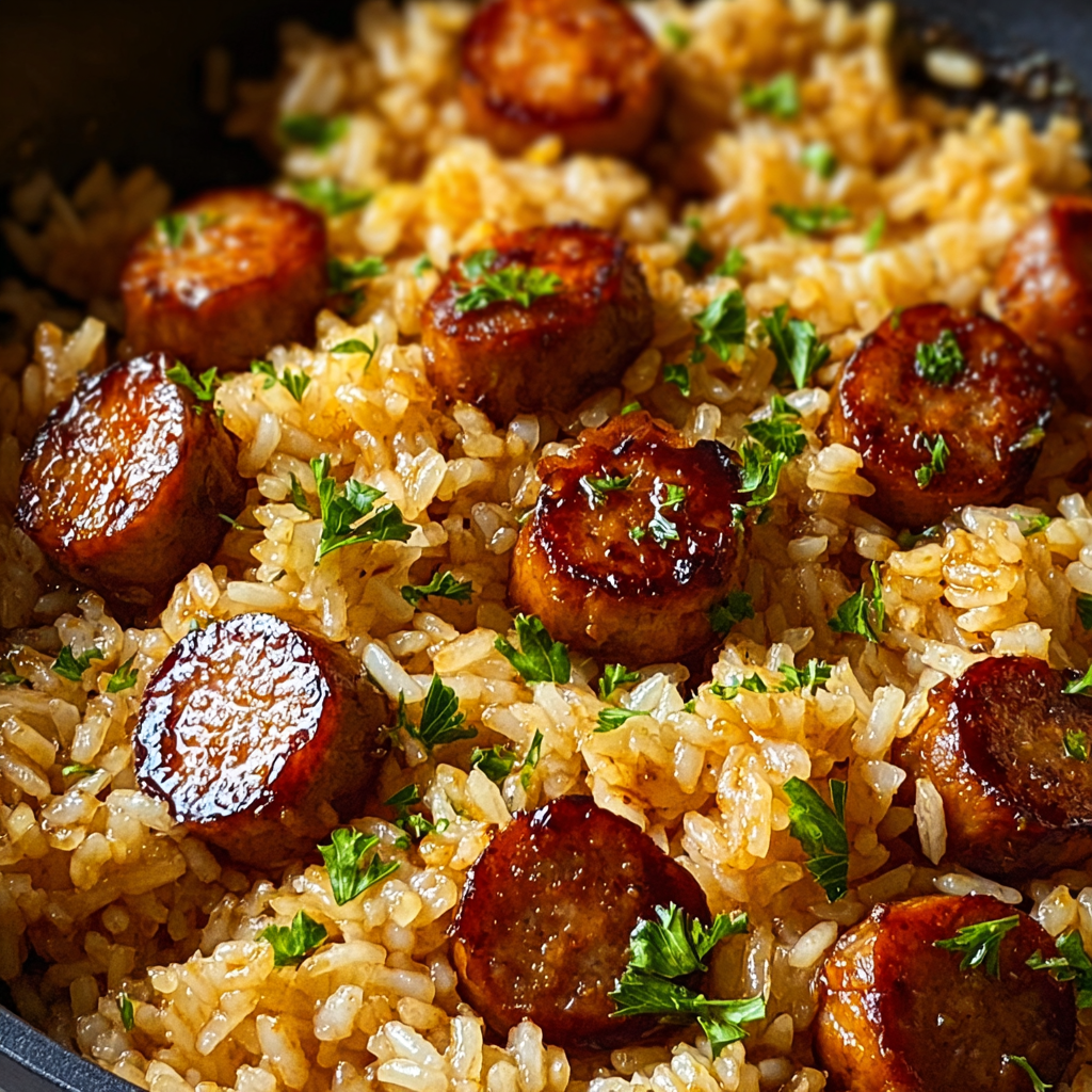 Finished sausage and rice plated with parsley