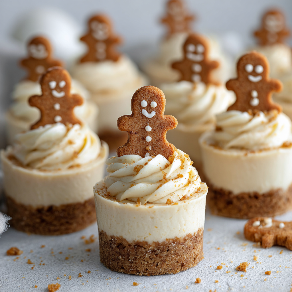 Individual gingerbread dessert cups staged on a wooden board