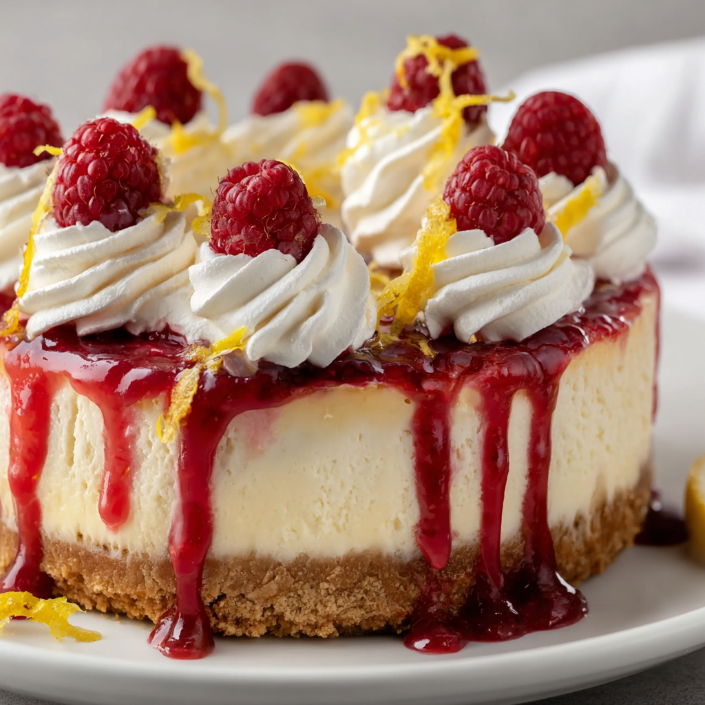 A slice of lemon raspberry cheesecake with berry sauce