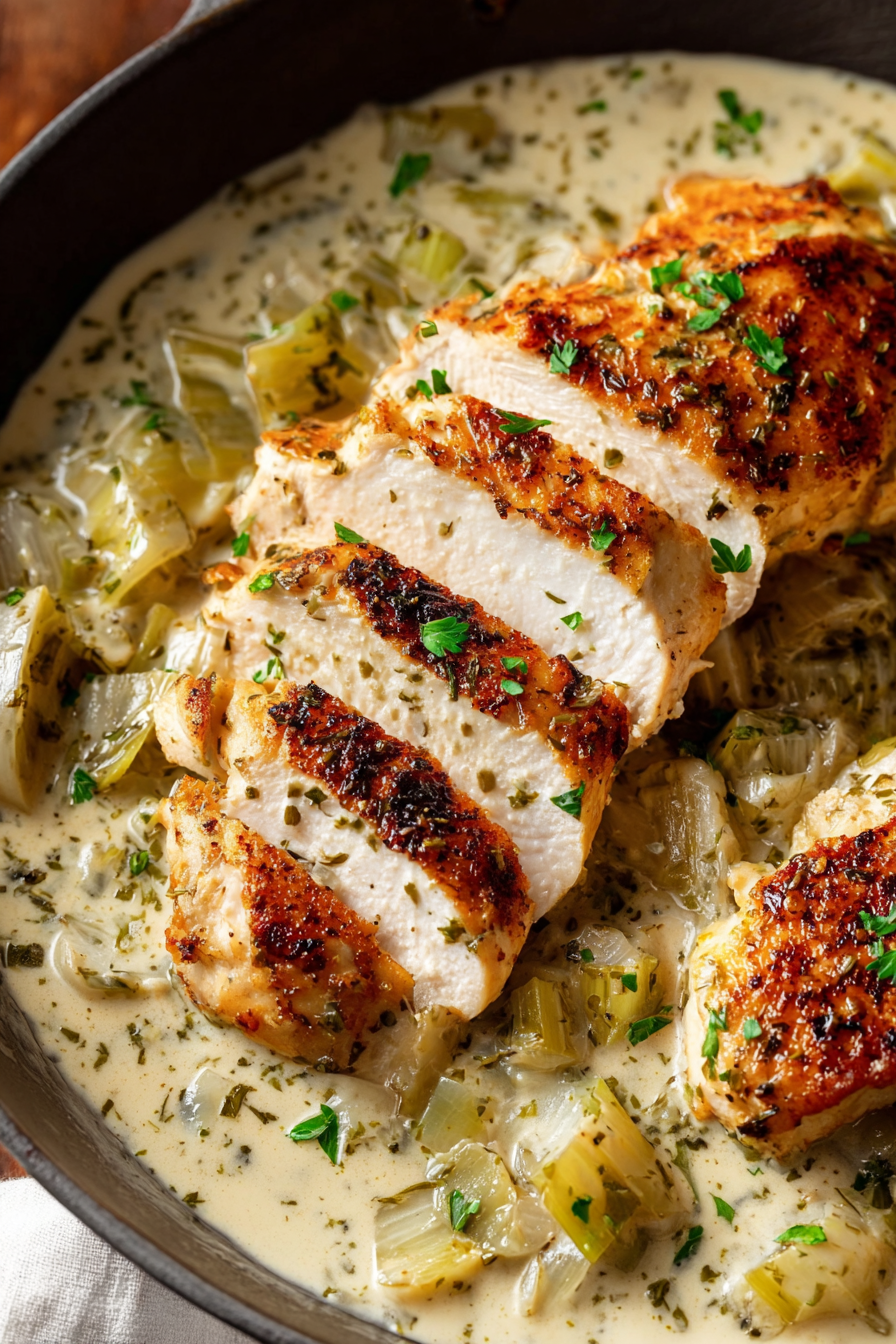 Seared chicken cutlets in creamy leek sauce
