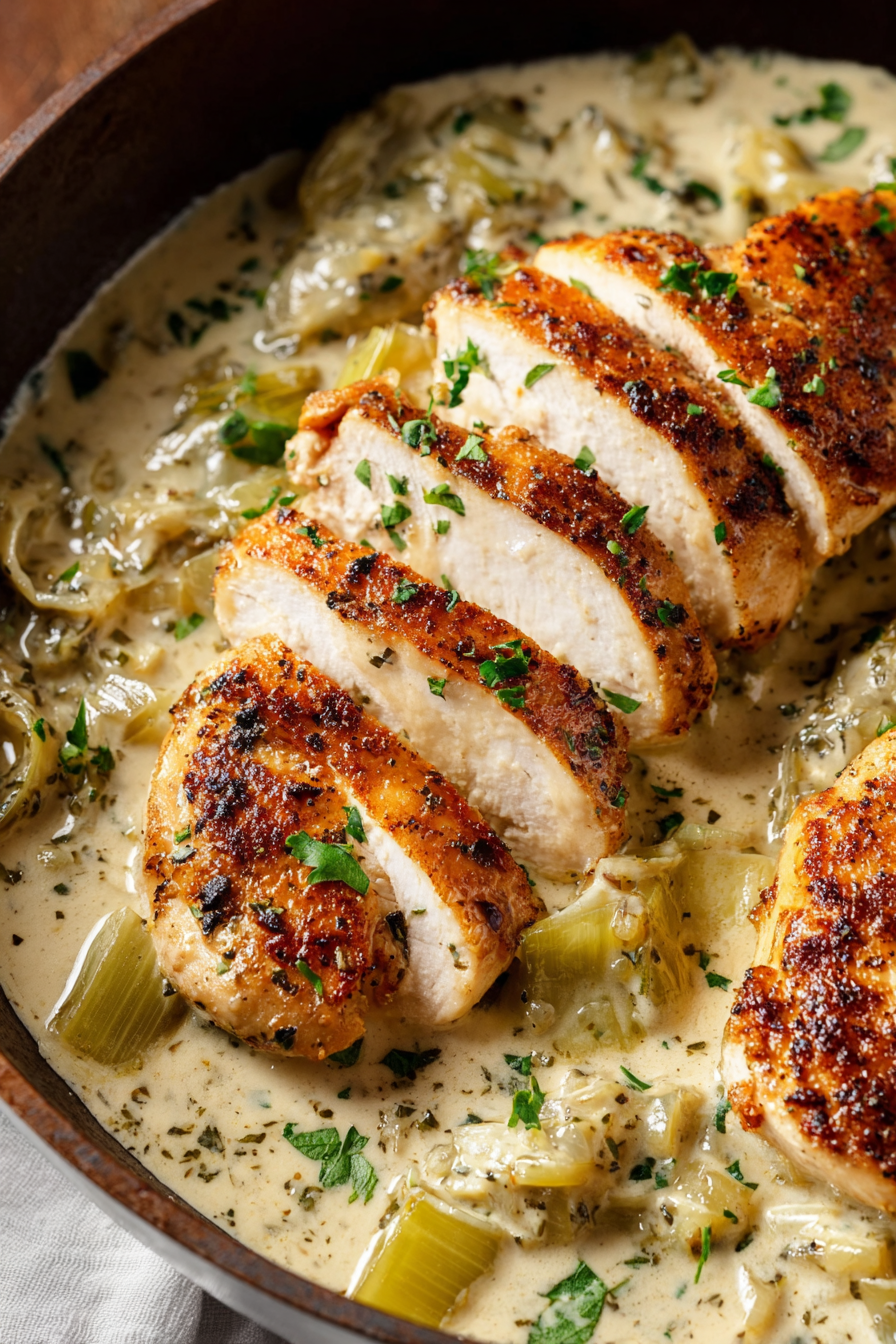 Plated chicken with leek cream sauce and parsley