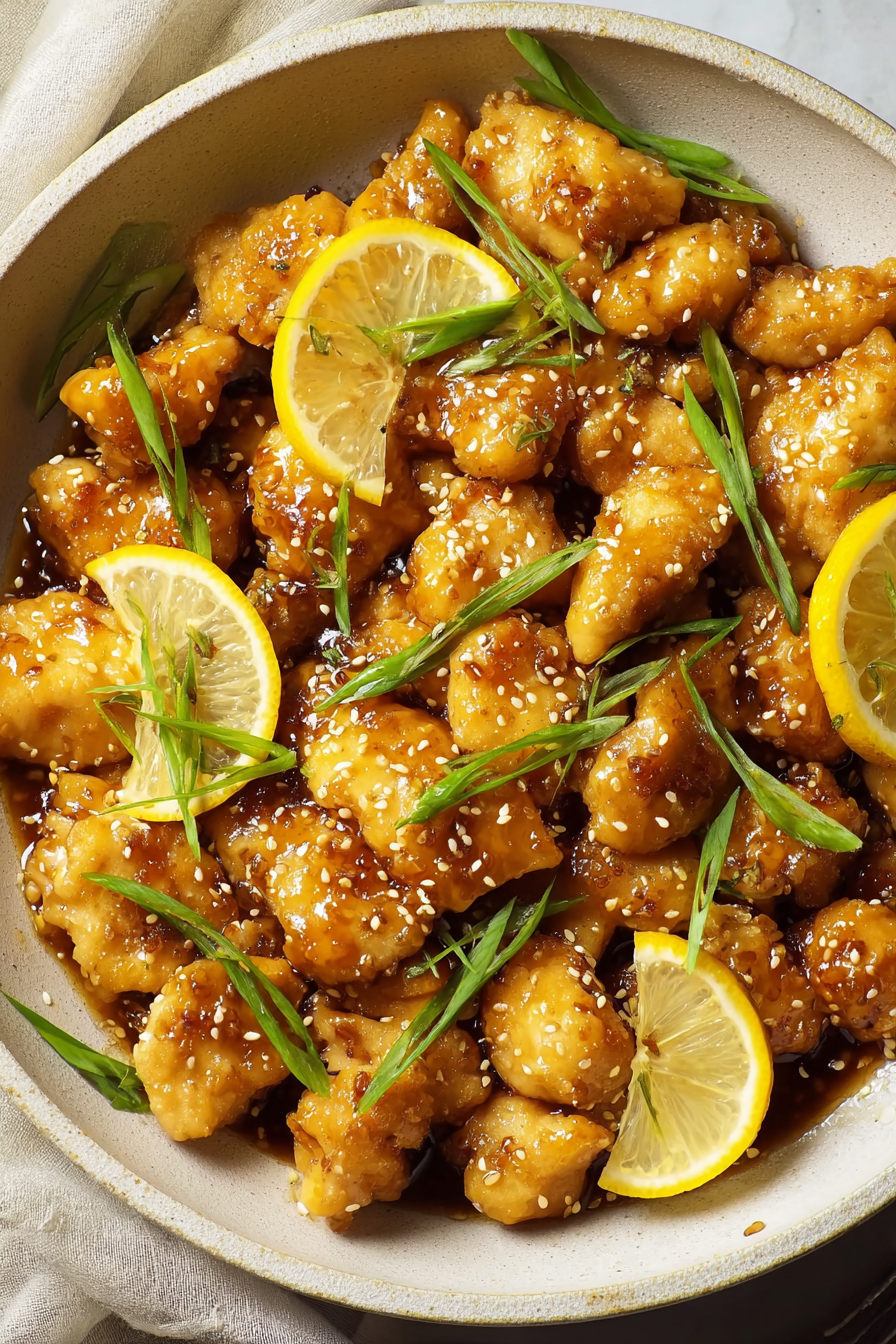 Lemon chicken glazed in glossy sauce