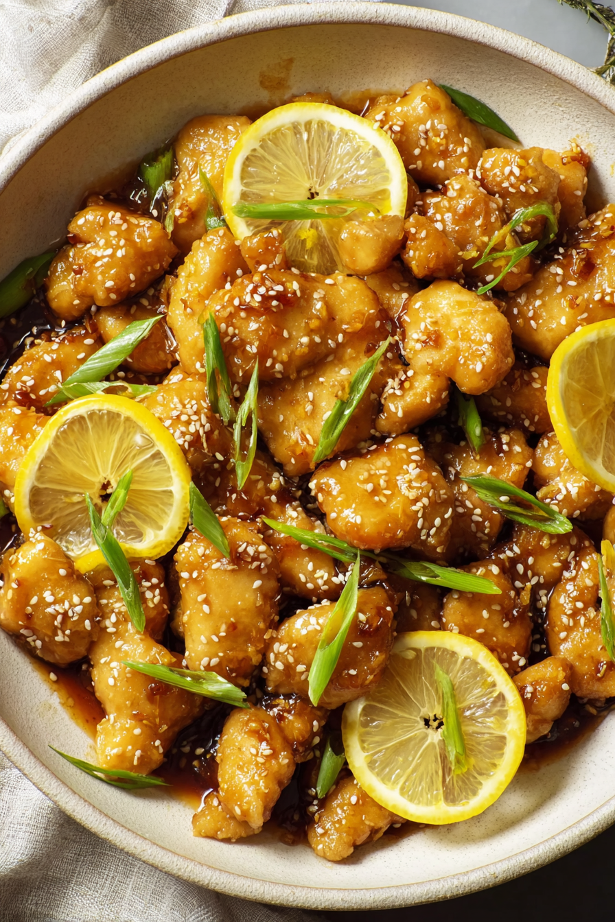 Plated lemon chicken with scallions