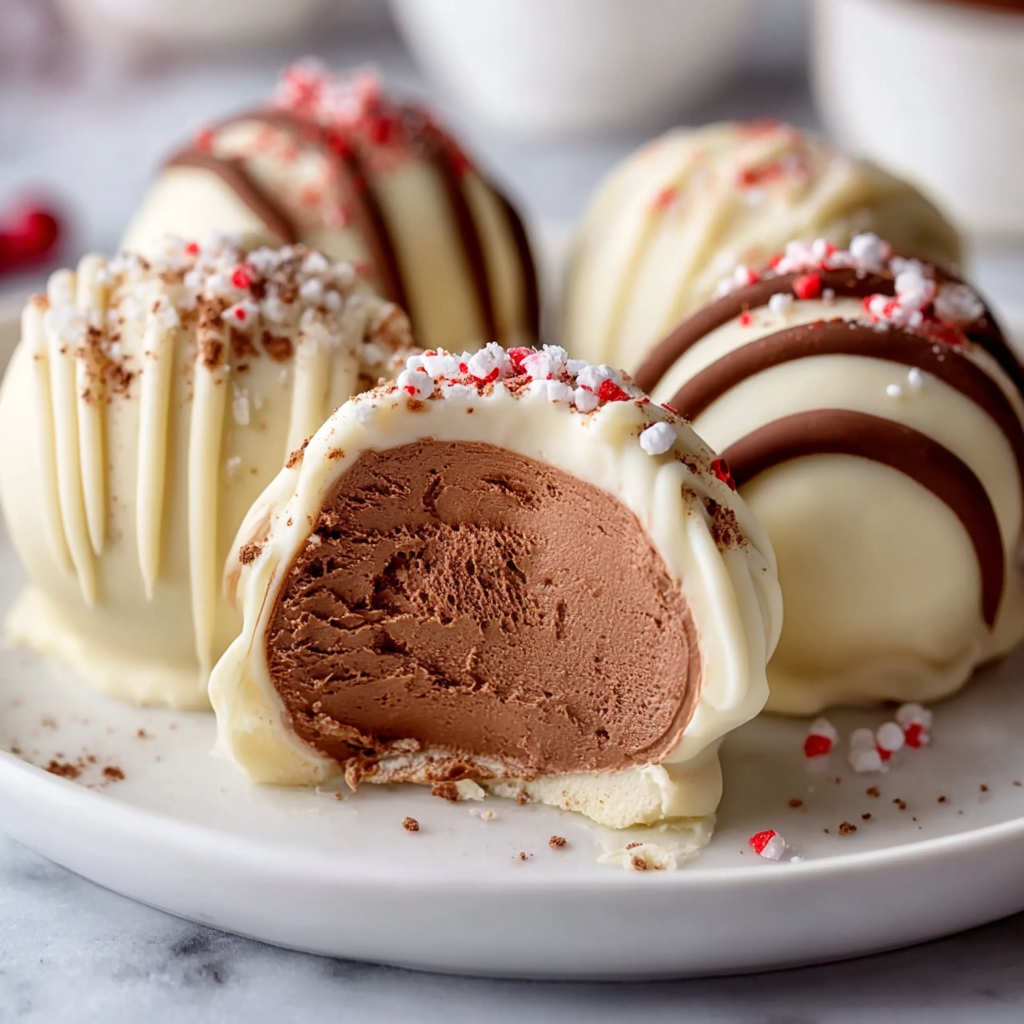 Close-up of a truffle being dipped in white chocolate