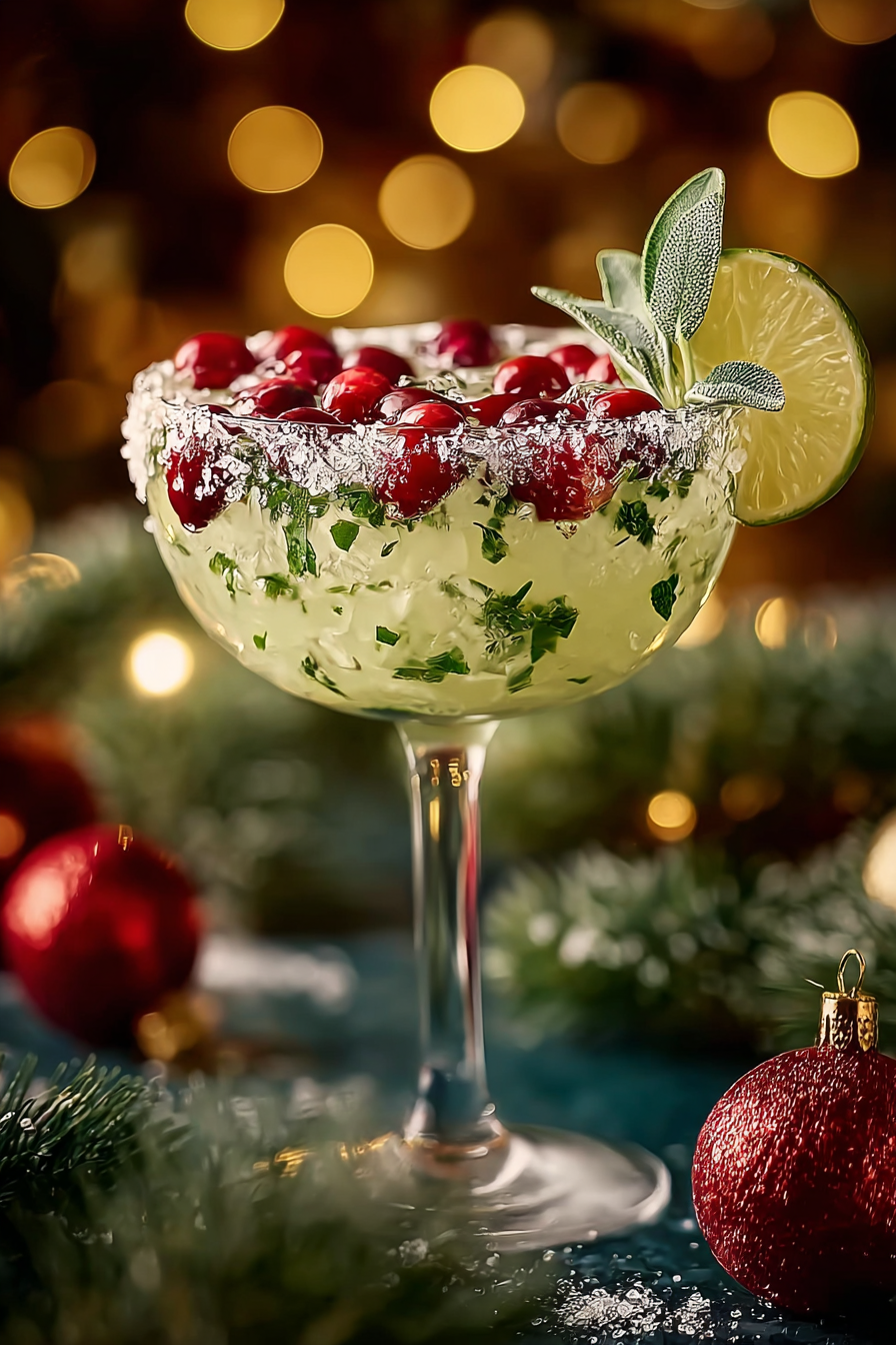 Close up of cocktail garnishes including mint and cranberries
