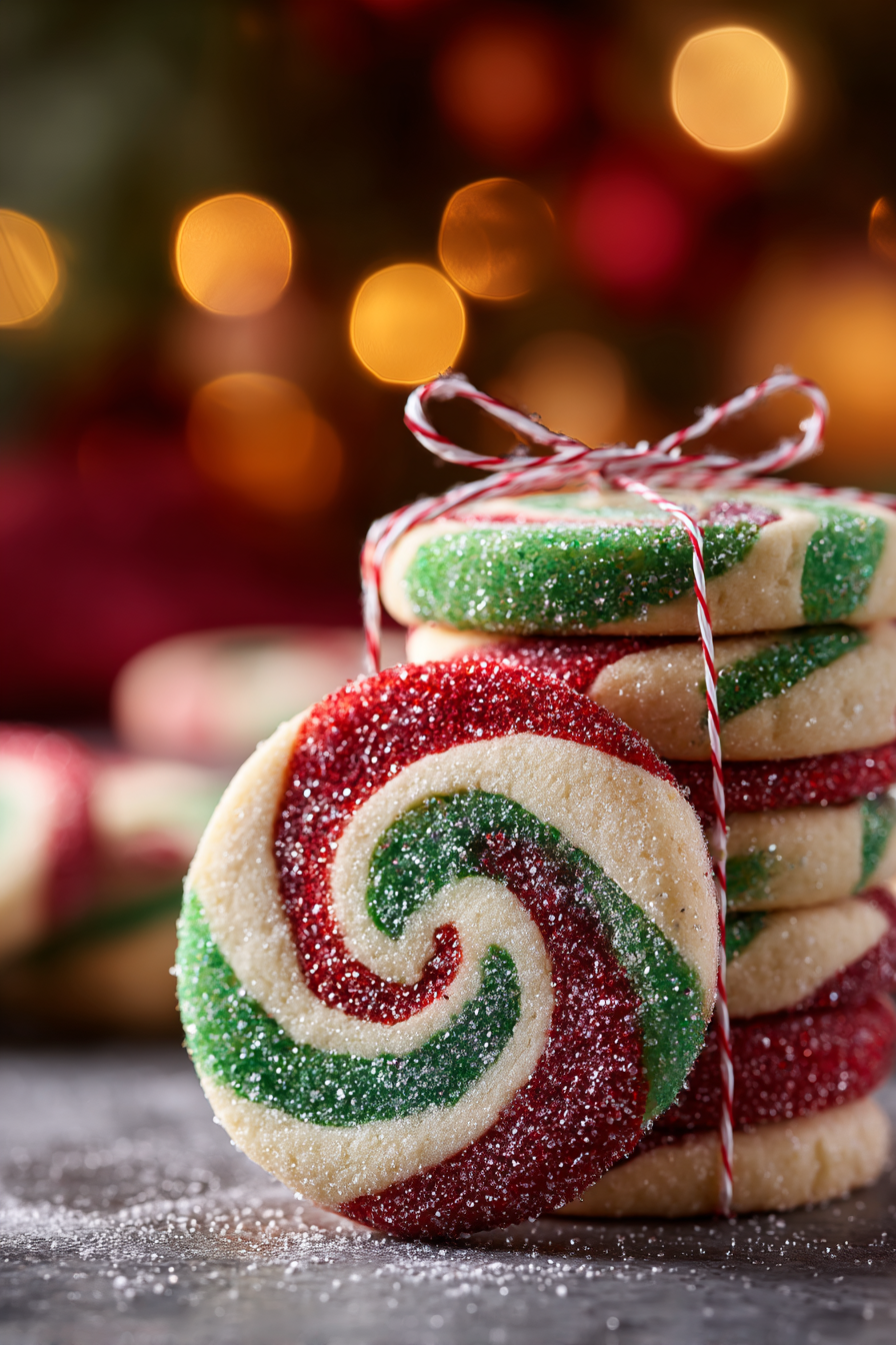 Three stacked pinwheel cookie dough layers in red green and plain