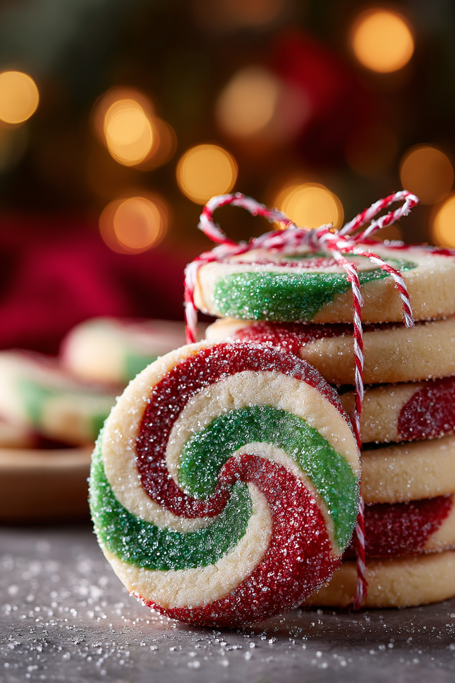 Baked Christmas pinwheel cookies on a cooling rack with red sanding sugar