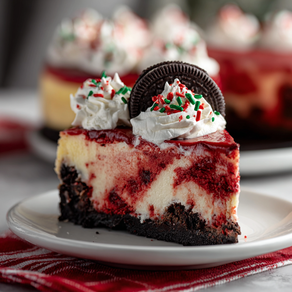 Festive red velvet cheesecake slice on plate