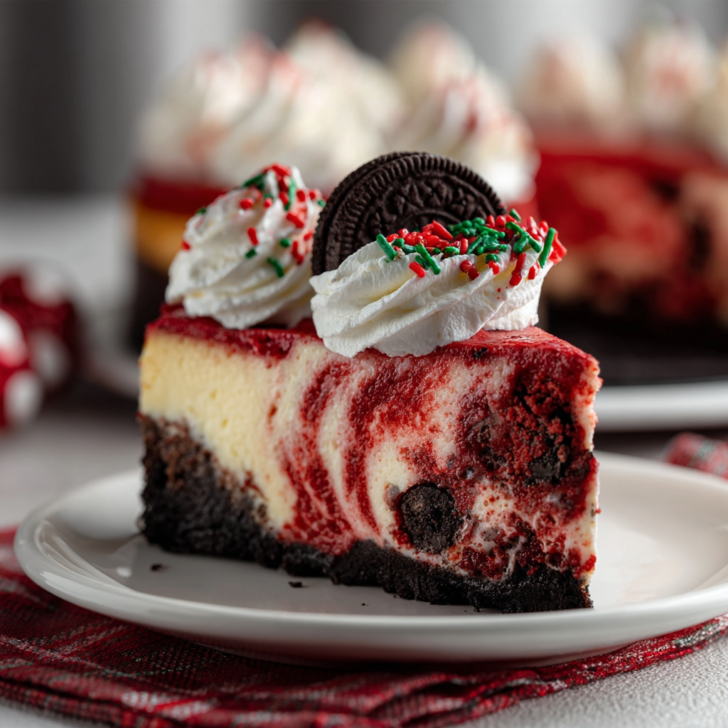Whole Christmas red velvet cheesecake decorated with sprinkles