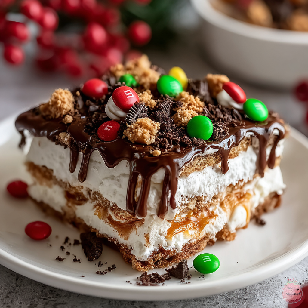 Close-up of layered cookie lasagna ingredients