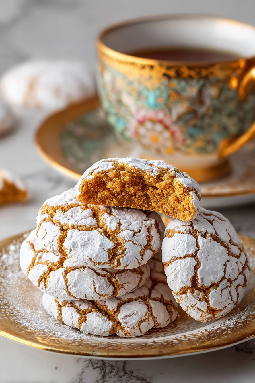 Tray of pumpkin crinkle cookies dusted with confectioners sugar
