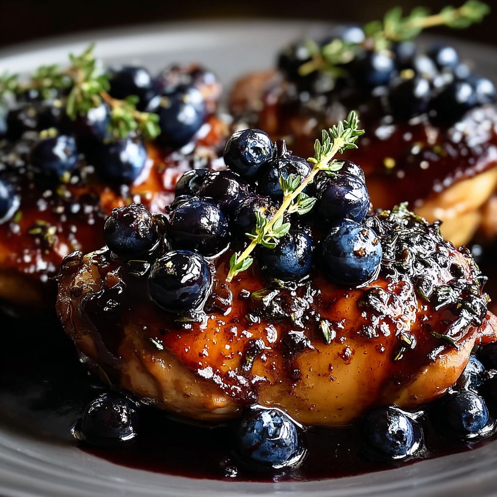Blueberry thyme chicken in skillet with glossy sauce